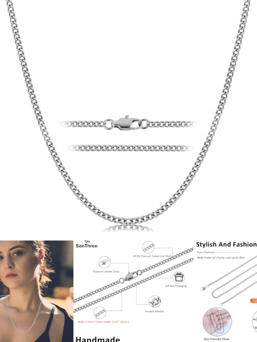 Pure Titanium Cuban Link Chain Necklace 2.2mm Lobster Clasp Gift